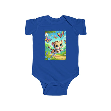 Jungle Butterfly Chase Baby Bodysuit – Whimsical Leopard Cub Design