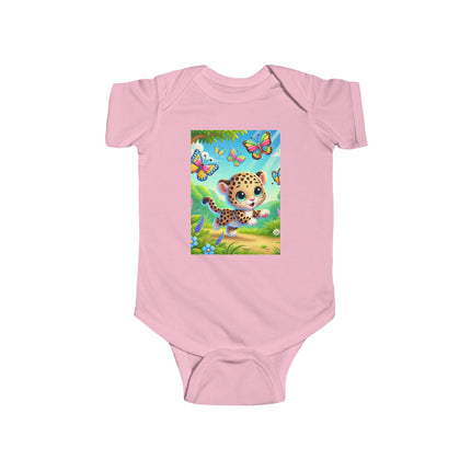 Jungle Butterfly Chase Baby Bodysuit – Whimsical Leopard Cub Design