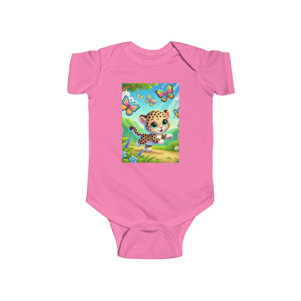 Jungle Butterfly Chase Baby Bodysuit – Whimsical Leopard Cub Design