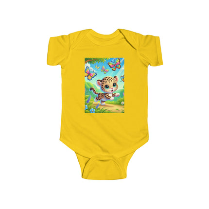 Jungle Butterfly Chase Baby Bodysuit – Whimsical Leopard Cub Design