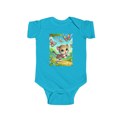 Jungle Butterfly Chase Baby Bodysuit – Whimsical Leopard Cub Design