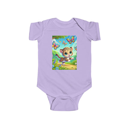 Jungle Butterfly Chase Baby Bodysuit – Whimsical Leopard Cub Design