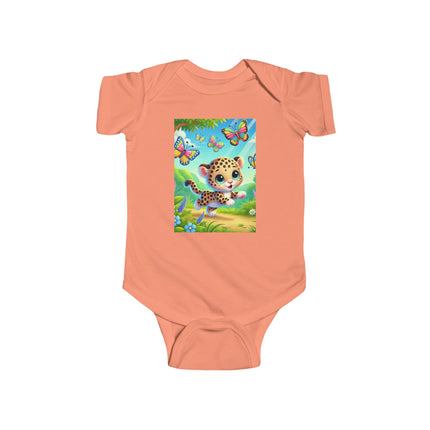 Jungle Butterfly Chase Baby Bodysuit – Whimsical Leopard Cub Design