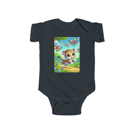Jungle Butterfly Chase Baby Bodysuit – Whimsical Leopard Cub Design