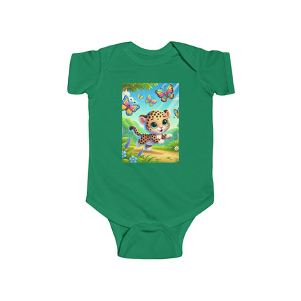 Jungle Butterfly Chase Baby Bodysuit – Whimsical Leopard Cub Design