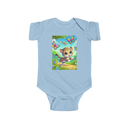 Jungle Butterfly Chase Baby Bodysuit – Whimsical Leopard Cub Design