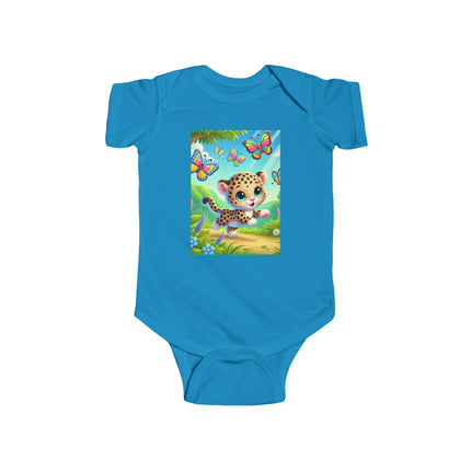 Jungle Butterfly Chase Baby Bodysuit – Whimsical Leopard Cub Design