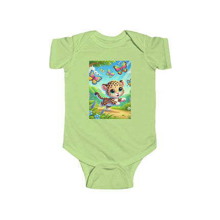 Jungle Butterfly Chase Baby Bodysuit – Whimsical Leopard Cub Design