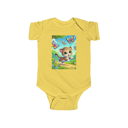 Jungle Butterfly Chase Baby Bodysuit – Whimsical Leopard Cub Design