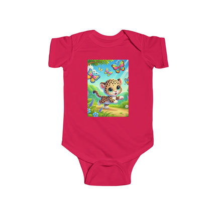 Jungle Butterfly Chase Baby Bodysuit – Whimsical Leopard Cub Design