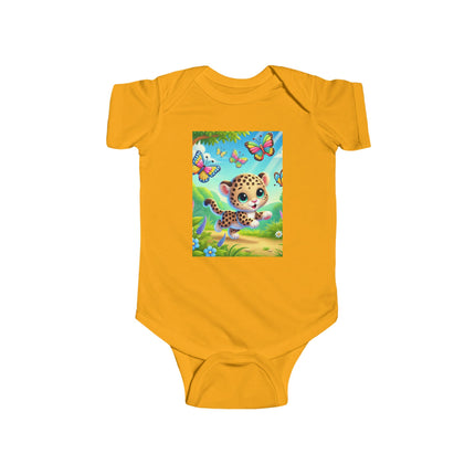Jungle Butterfly Chase Baby Bodysuit – Whimsical Leopard Cub Design