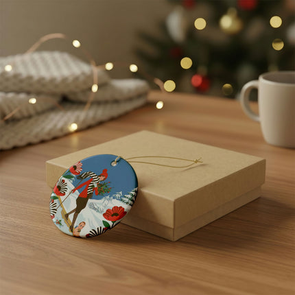 🎿🎄 The Christmas Holly Skier Ceramic Ornament – Whimsical Holiday Fantasy