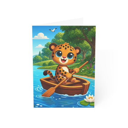 🐆🚣 The Little Leopard’s Riverboat Greeting Card – Whimsical Animal Adventure
