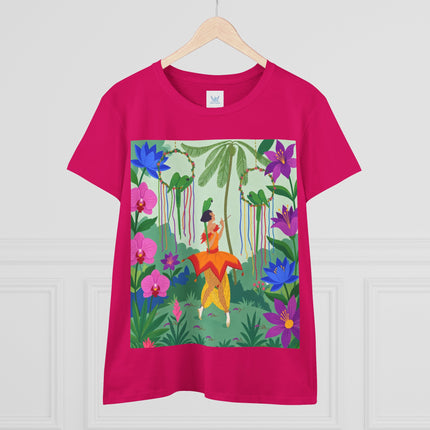 🌺🦜 The Tropical Garden Serenade Cotton Tee – Colorful Art Deco Fantasy