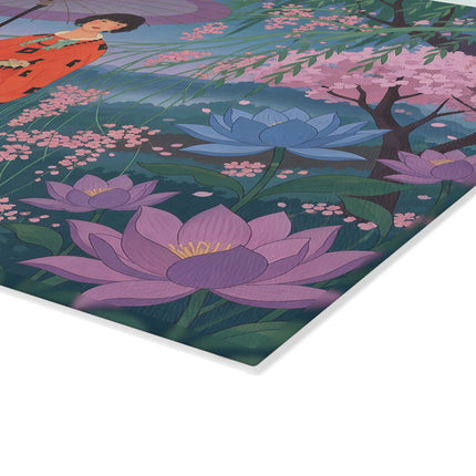 🌸☂️ The Lady Of The Lotus Garden Glass Cutting Board – Art Deco Oriental Floral Elegance
