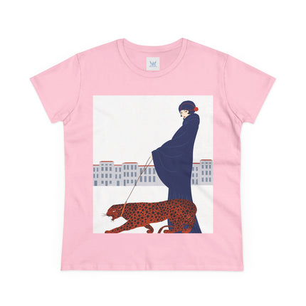 🐆🖤 The Lady With The Leopard Cotton Tee – Art Deco Fashion Illustration