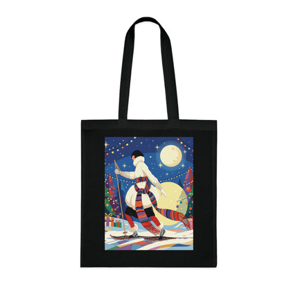 🎿🌙 The Moonlit Christmas Skier Cotton Tote Bag – Art Deco Holiday Adventure