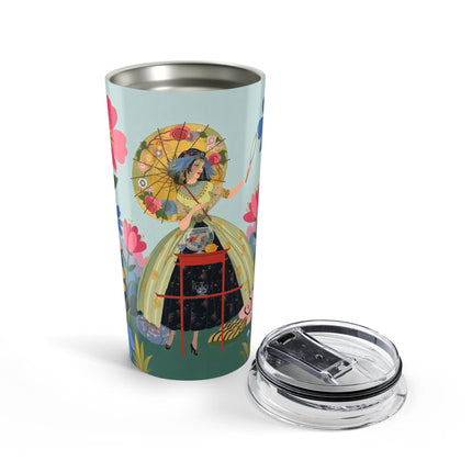 🌸🪞 The Floral Parasol Reflection Tumbler, 20oz – Art Deco Garden Fantasy