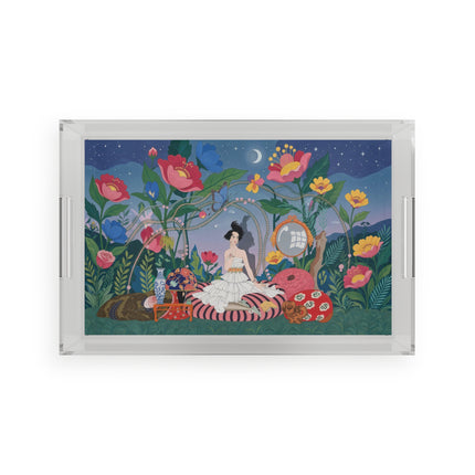 🌙🌺 The Lady Of The Midnight Garden Acrylic Serving Tray – Art Deco Floral Reverie