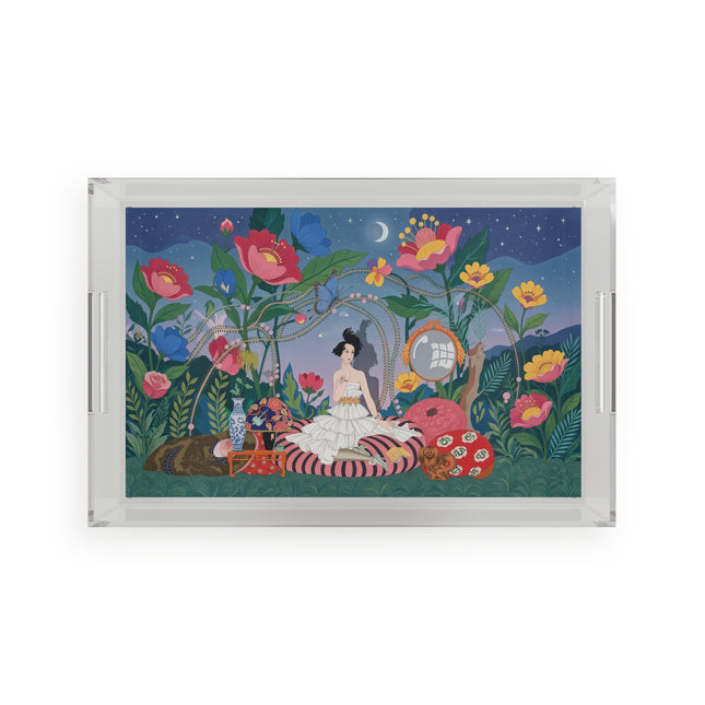 🌙🌺 The Lady Of The Midnight Garden Acrylic Serving Tray – Art Deco Floral Reverie
