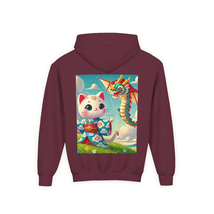 Geisha Kitten and the Dragon Kite Youth Hooded Sweatshirt – Bold Energy & Sky-High Adventure