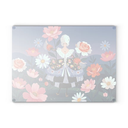 🌸🎀 The Lady Of The Grand Flower Garden Glass Cutting Board – Art Deco Floral Fashion Fantasy