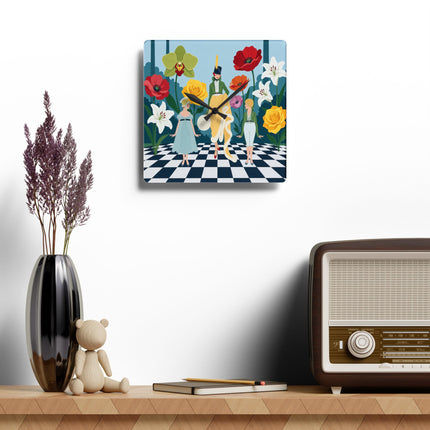 🌺🎩 The Lady And Children Of The Grand Flower Garden Acrylic Wall Clock – Art Deco Fashion Whimsy