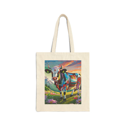 Cyber Glitch Cow Cotton Canvas Tote Bag