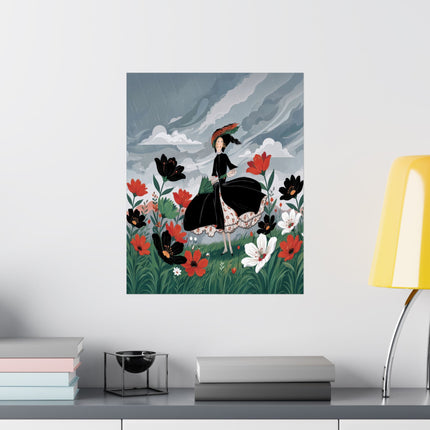 🌧️🌺 The Lady Of The Rainy Flower Meadow Matte Vertical Poster – Art Deco Floral Whimsy