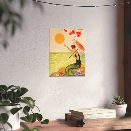 🧜‍♀️🌸 The Lady Of The Seaside Parasol Matte Vertical Poster – Art Deco Mermaid Fantasy