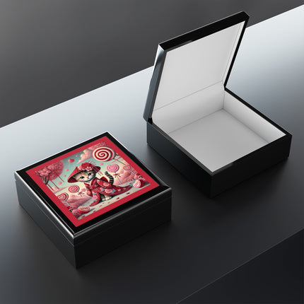 Whimsical Geisha Kitten in a Valentine Jewelry Box