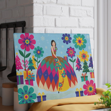 🌸🎄 The Lady Of The Kaleidoscope Garden Glass Cutting Board – Art Deco Christmas Fantasy