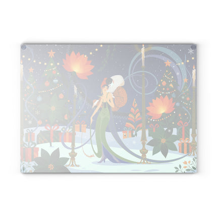 🪷🎄 The Lady Of The Christmas Lotus Garden Glass Cutting Board – Art Deco Holiday Fantasy