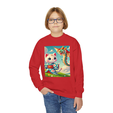 Geisha Kitten and the Dragon Kite Youth Crewneck Sweatshirt – Freedom, Motion & Playful Spirit