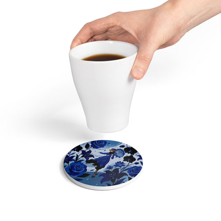 ☔💙 The Blue Rain Promenade Ceramic Coaster – Art Deco Floral Fashion