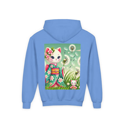 Geisha Kitten and the Dandelion Wish Youth Hooded Sweatshirt – Soft Dreams & Gentle Wonder