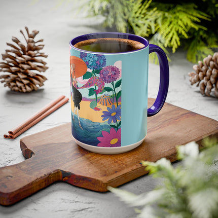 The Lady Of The Coral Parasol Colorful Mugs – Art Deco Coastal Elegance