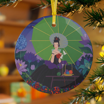 🧵🌙 The Lady Of The Moonlit Needlework Glass Ornament – Art Deco Crafting Elegance