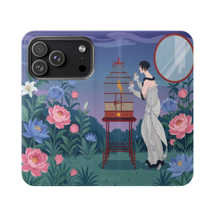 🐦🌸 The Lady And The Golden Bird Flip Case – Art Deco Floral Reverie