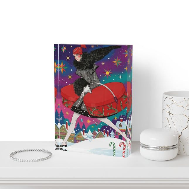 🎁✨ The Lady Of The Christmas Hatbox Acrylic Art Block – Art Deco Holiday Fantasy