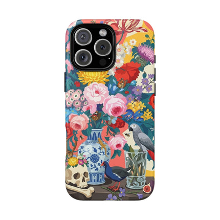 Floral Vanitas Phone Case – Parrot & Porcelain Splendor