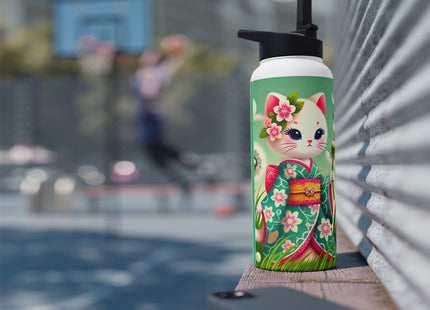 Geisha Kitten and the Dandelion Wish Stainless Steel Water Bottle, Standard Lid