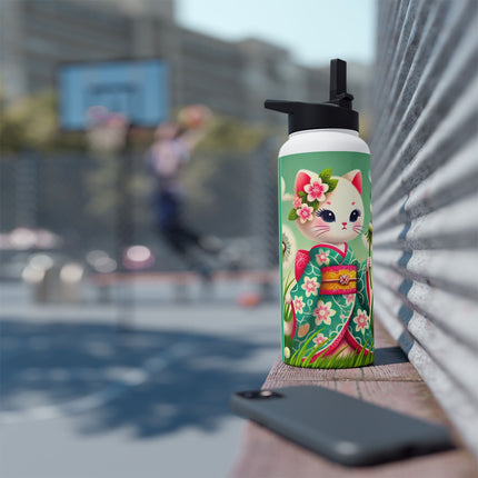 Geisha Kitten and the Dandelion Wish Stainless Steel Water Bottle, Standard Lid