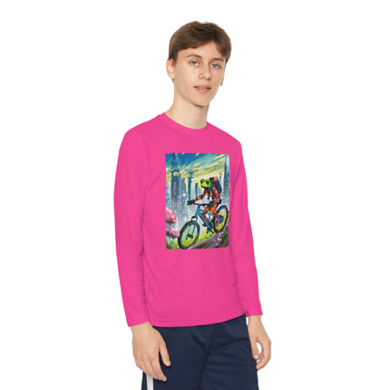 Cyberpunk Frog Youth Long Sleeve Competitor Tee – Neon Trails & Futuristic Adventure