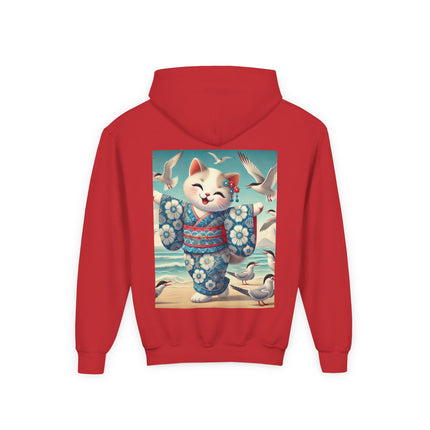 Geisha Kitten by the Seaside Youth Hooded Sweatshirt – Coastal Charm & Playful Style