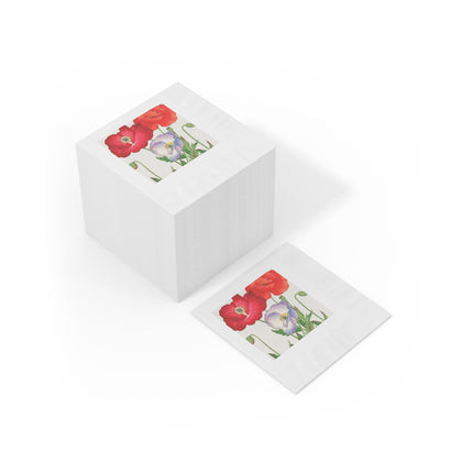 Poppies by Tanigami Kônan White Coined Napkins – Bold Blooms & Japanese Woodblock Elegance