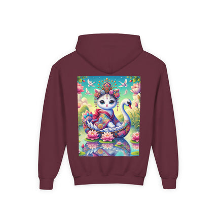 Geisha Kitten’s River Voyage Youth Hooded Sweatshirt – Adventure on a Whimsical River