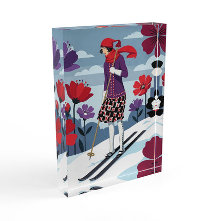 🎿❄️ The Winter Flower Skier Acrylic Art Block – Art Deco Alpine Fantasy