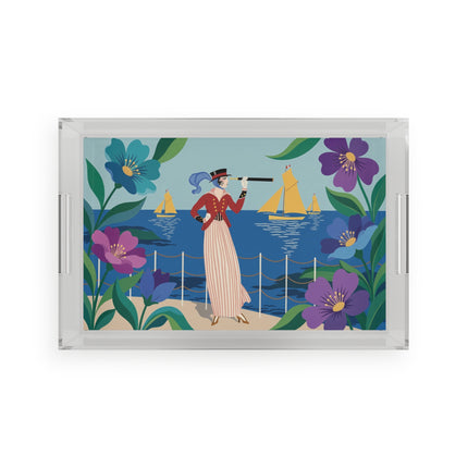 🌊🔭 The Lady Of The Seaside Lookout Acrylic Serving Tray – Art Deco Nautical Adventure