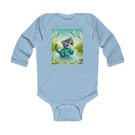 Kitten by the Still Waters Baby Long Sleeve Bodysuit – Serene Pond & Dragonfly Design